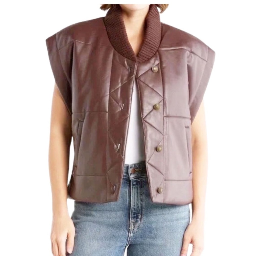 Truth by Republic Faux Leather Cap Sleeve Quilted Vest Brown  Size S NWT
